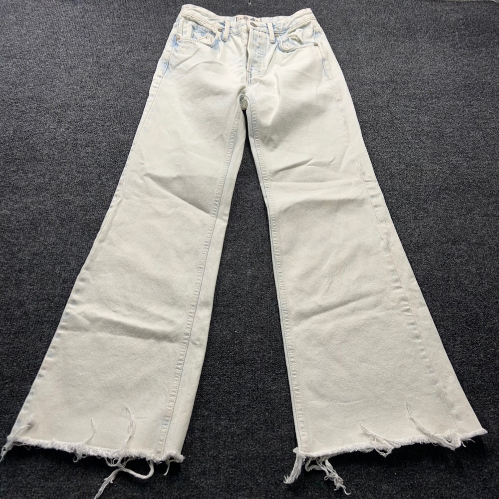We The Free Free People Jeans 24 Light Wash Wide Leg Flare Button Fly Frayed Hem